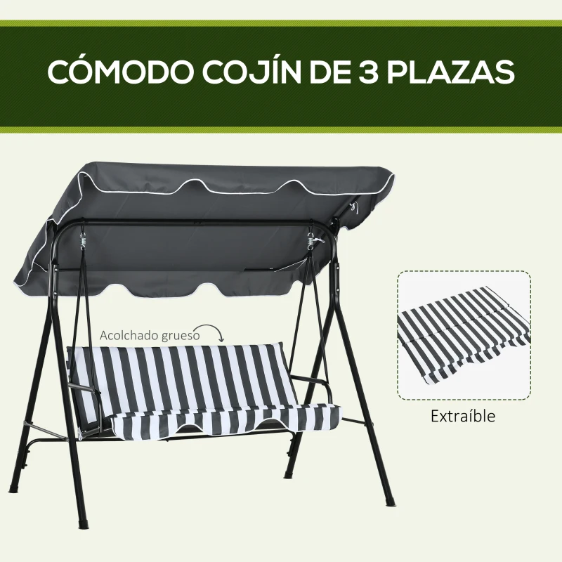 Outsunny Balancín de Jardín Exterior Columpio de 3 Plazas con Toldo Ajustable y Marco de Acero 172x110x153 cm Gris y Blanco