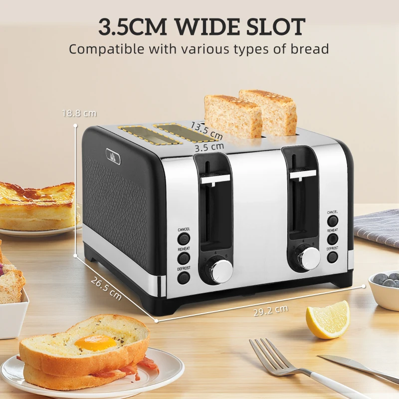 HOMCOM Sleek Textured Kettle and Four-Slice Toaster Set - Black
