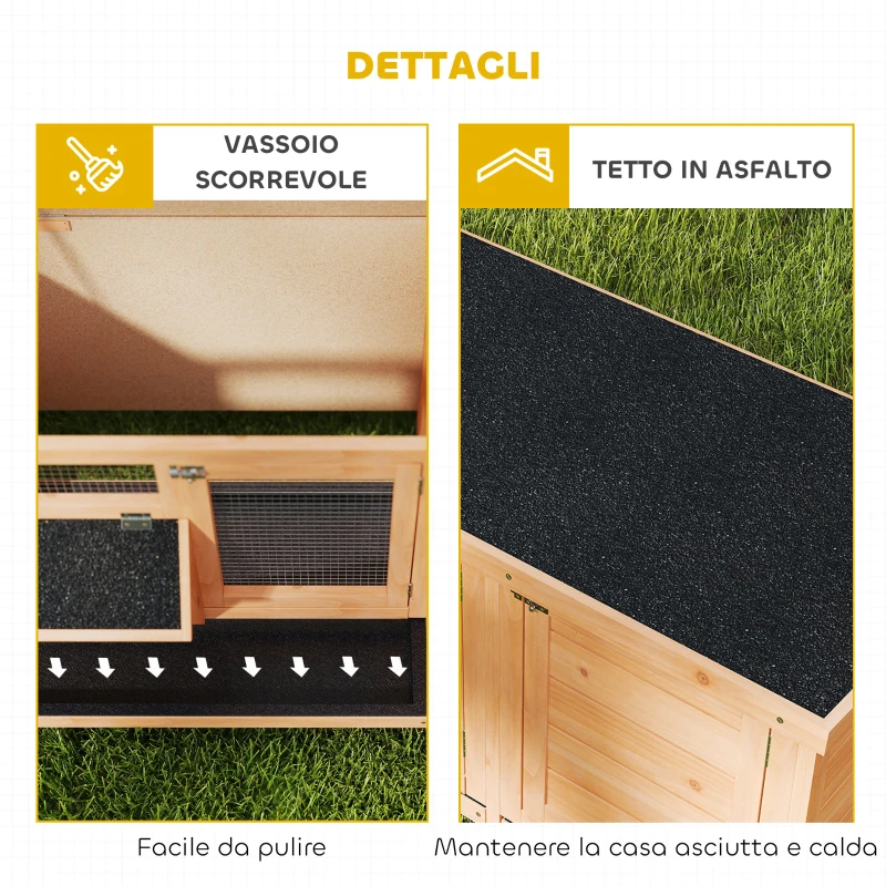 PawHut Conigliera in Legno da Esterno con Tetto in Asfalto, Casetta, Vassoi e Mangiatoia, 112x50x54 cm, Giallo