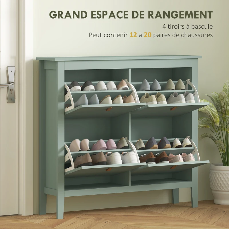 HOMCOM Meuble à chaussures 20 paires, armoire à chaussures avec 4 tiroirs rabattables, étagères amovibles et réglables, vert
