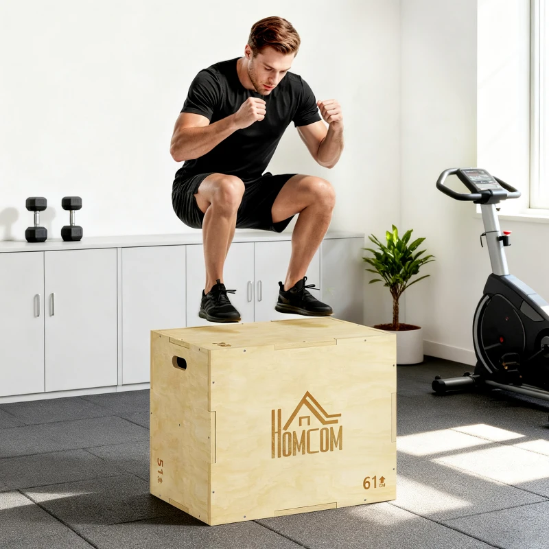HOMCOM 3-in-1 Plyo Box Holz Plyometrische Sprungbox mit 3 Sprunghöhen Griffen 61 x 51 x 76 cm Naturholz