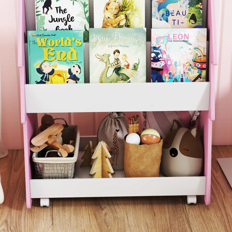 AIYAPLAY Kids Bookshelf with Toy Storage, Double-Sided Bookcase with Wheels, 3 Tier Kids Book Rack for Bedroom, Pink