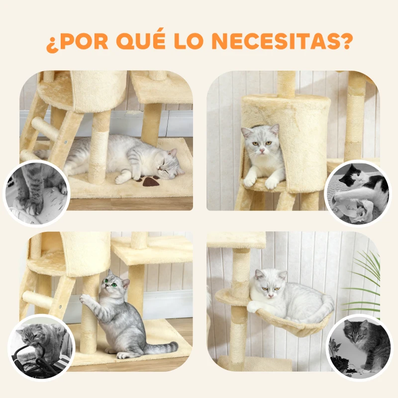 PawHut Árbol Rascador para Gatos Altura 134 cm con 6 Postes 3 Plataformas Cueva Hamaca Escalera 4 Juguetes Colgantes Beige