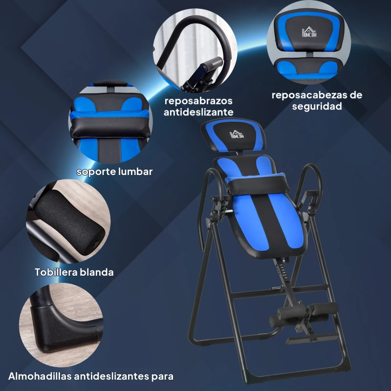 HOMCOM Tabla de Inversión Plegable con Ruedas Altura Ajustable 140-203 cm con Cinturón de Seguridad Carga 110kg Negro y Azul