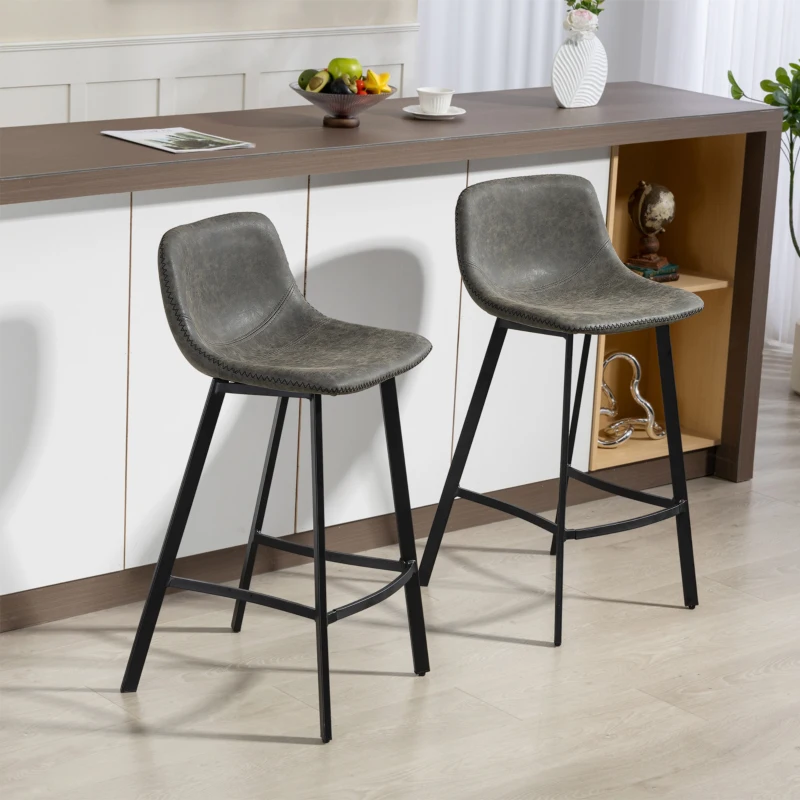 HOMCOM Bar Stools Set of 2, PU Leather Dining Stools with Backrest, Footrest, for Kitchen, Counter, Breakfast Bar, Grey