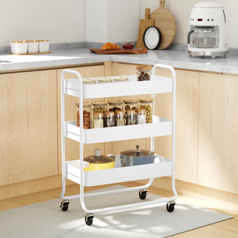 HOMCOM 3-Tier Storage Trolley on Wheels, Rolling Utility Cart with Mesh Backets for Kitchen, Bathroom, Bedroom, White