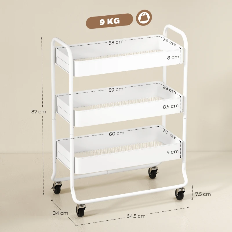 HOMCOM 3-Tier Storage Trolley on Wheels, Rolling Utility Cart with Mesh Backets for Kitchen, Bathroom, Bedroom, White