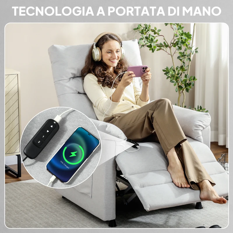 HOMCOM Poltrona Reclinabile con Poggiapiedi, Riscaldamento, 8 Punti Massaggio e 5 Modalità, Tessuto Vellutato, Grigio