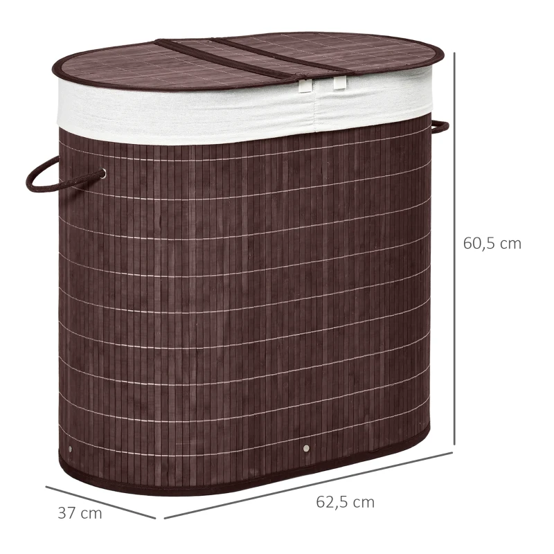 HOMCOM Cesto para Ropa Sucia de Bambú Capacidad de 100L Cesta para la Colada con 2 Compartimentos  62,5x37x60,5cm Marrón