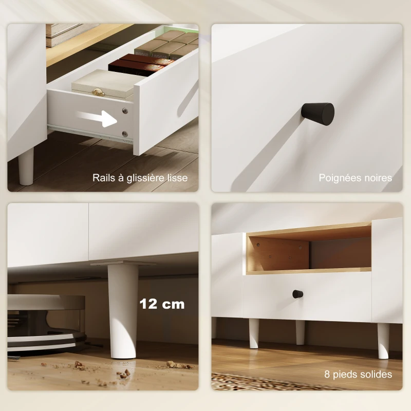 HOMCOM Meuble TV, meuble télé pour téléviseur jusqu'à 90 pouces avec 2 portes rabattables, tiroir, 200 x 35 x 45 cm, blanc