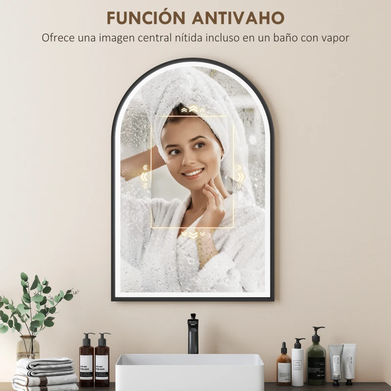 HOMCOM Espejo de Baño con Luz 60x90 cm Espejo de Pared Arqueado 3 Colores de Luz Brillo Regulable Función Antivaho Negro