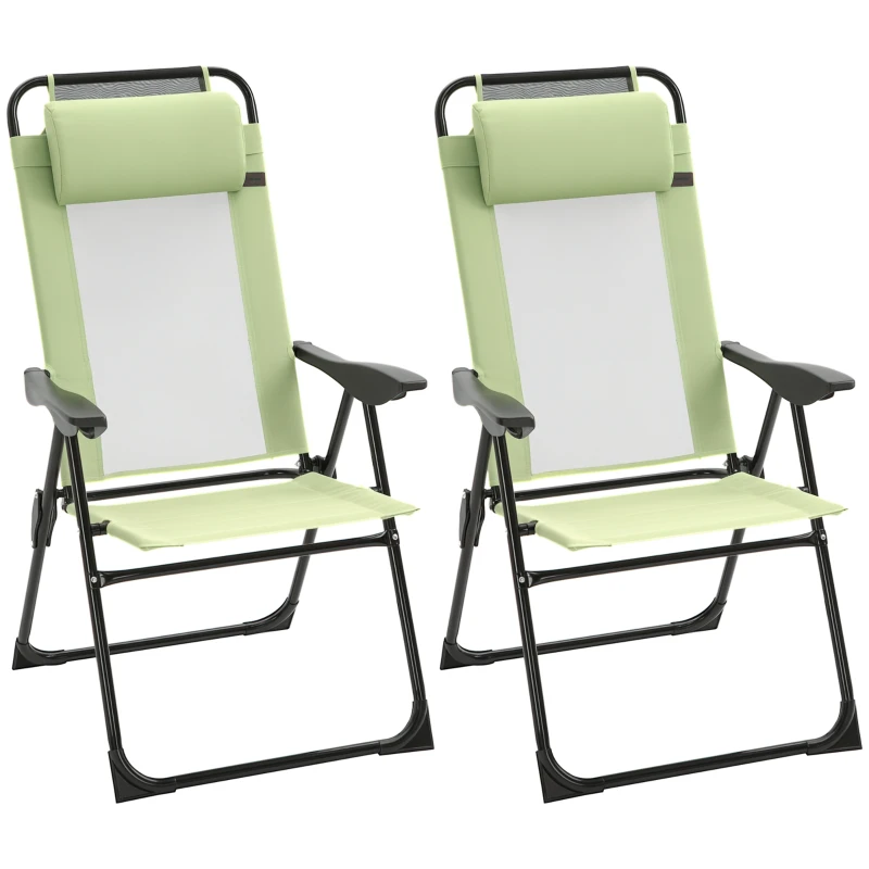 Outsunny Set of 2 Portable Folding Recliner Metal Outdoor Patio Chaise Lounge Chairs with Adjustable Backrest, Green