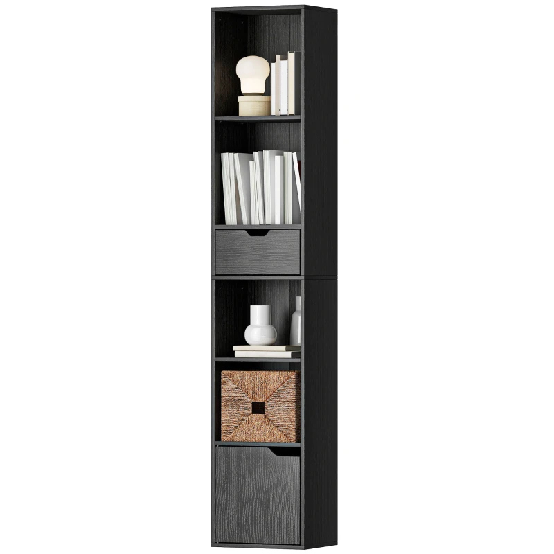 HOMCOM 6-Tier Bookcase, Tall Narrow Bookshelf with Drawer and Door - Black