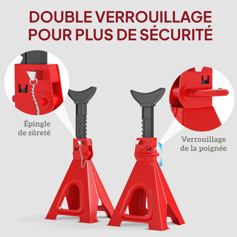 HOMCOM Lot de 2 chandelles voiture chandelles de levage capacité 6 tonnes hauteur réglable 375-592mm goupille de sécurité rouge