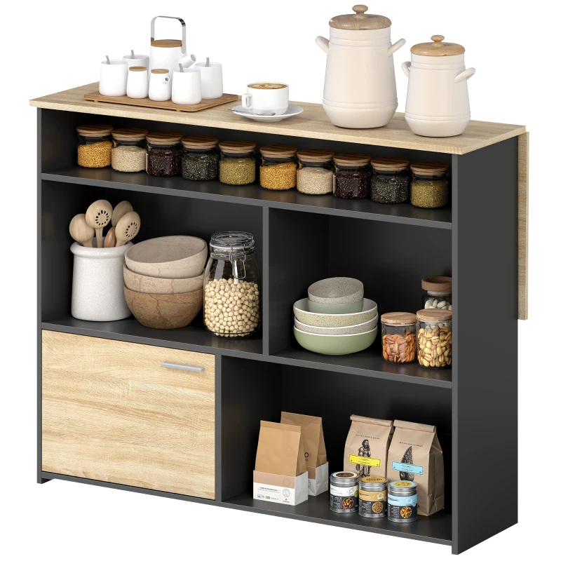 HOMCOM Masă de bar extensibilă cu blat rabatabil, masă înaltă pentru bucătărie, 1 dulap și 4 compartimente deschise, 116x79,6x90,5cm, negru