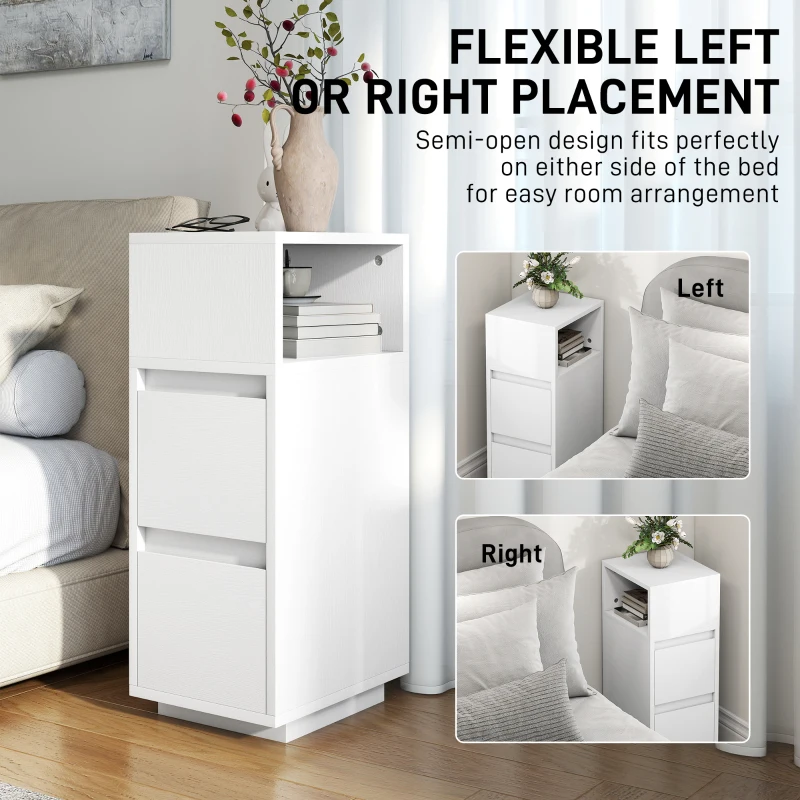 HOMCOM Slim Bedside Table, Narrow Bedside Cabinet with Open Shelf and 2 Drawers for Bedroom, Living Room, White
