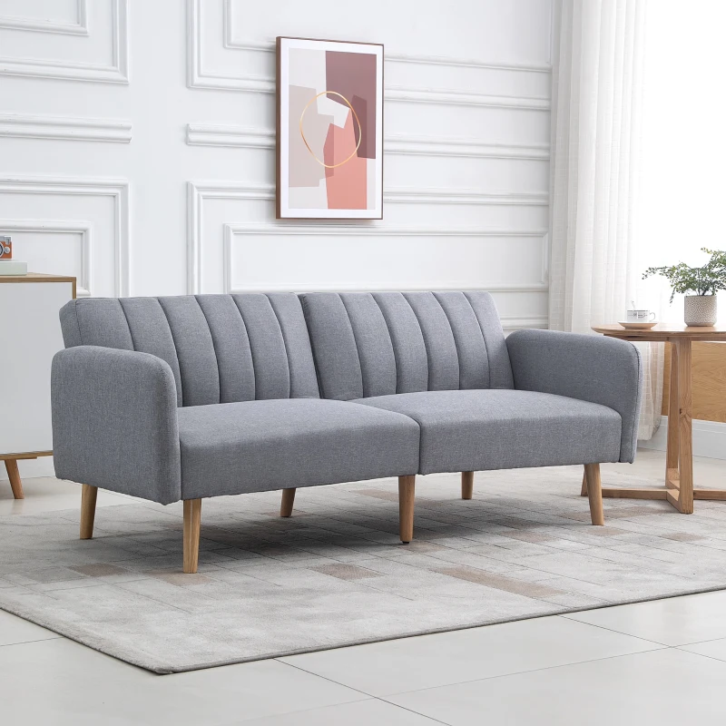 HOMCOM Canapé Convertible 2 Places Design scandinave Dossier inclinable 3 Positions Pieds Bois Tissu Aspect Lin Gris