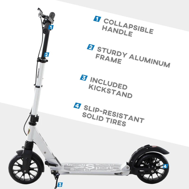HOMCOM Teen/Adults Aluminium Folding Kick Scooter w/ Shock Mitigation System Silver