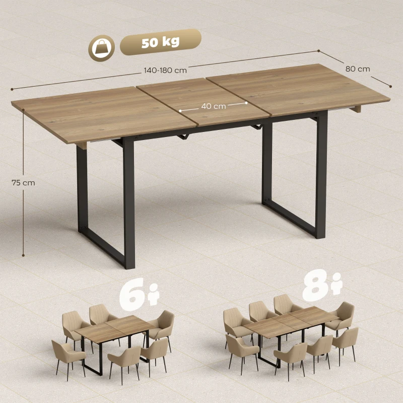 HOMCOM Table à manger extensible rectangle pour 6 à 8 personnes, table de cuisine avec rallonge 140-180 cm, effet bois naturel
