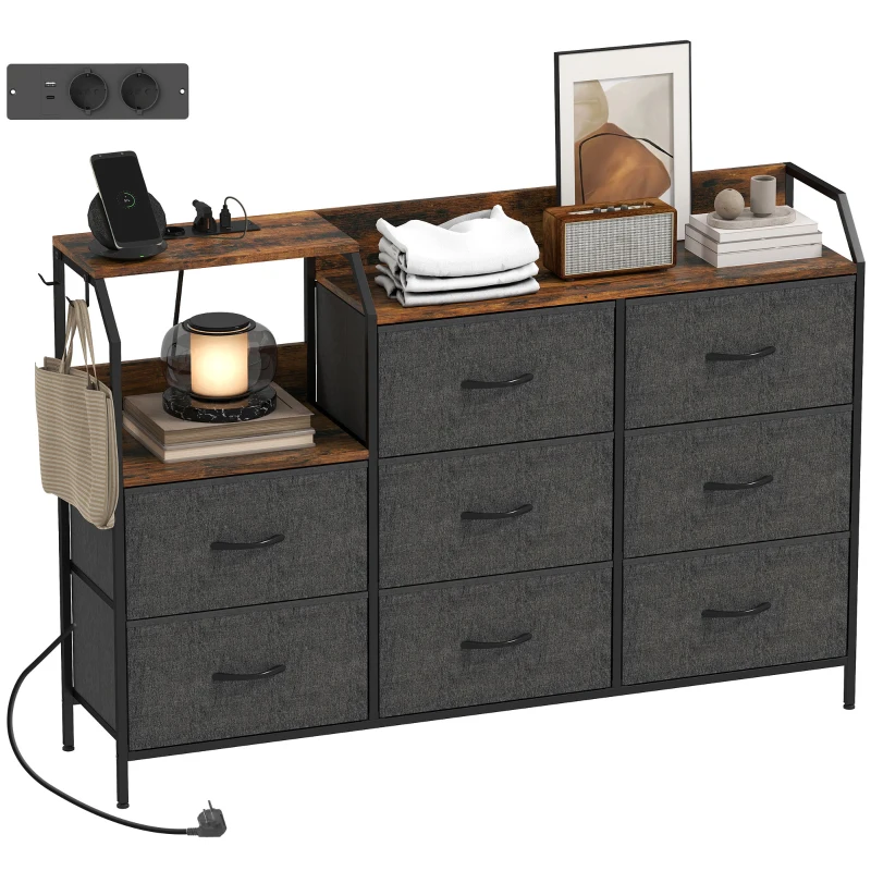 HOMCOM Comodă cu 8 sertare din material textil, cadru din oțel, stație de încărcare, Rustic-Maro+Negru