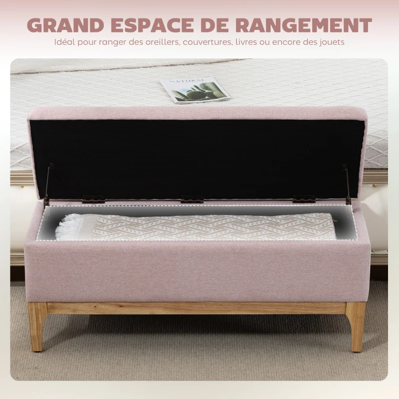 HOMCOM Banc de rangement, coffre de rangement avec couvercle amovible style scandinave, en tissu lin, 110 x 39 x 45 cm, rose