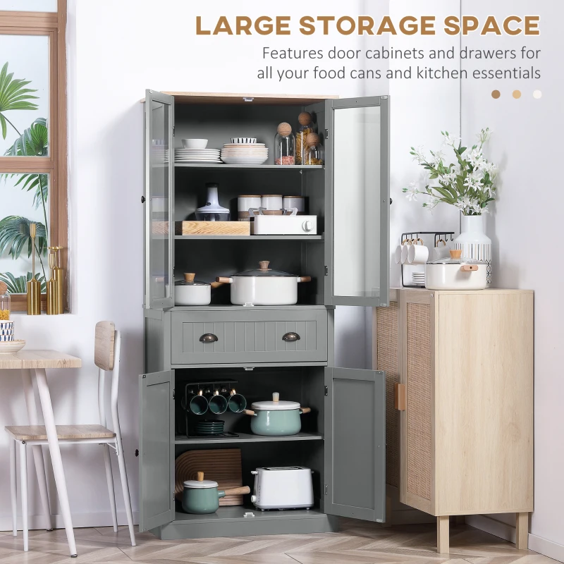HOMCOM 180cm Tall Kitchen Pantry Cupboard, Freestanding Storage Cabinet with 5 Tier, Adjustable Shelves,  Drawer, Grey