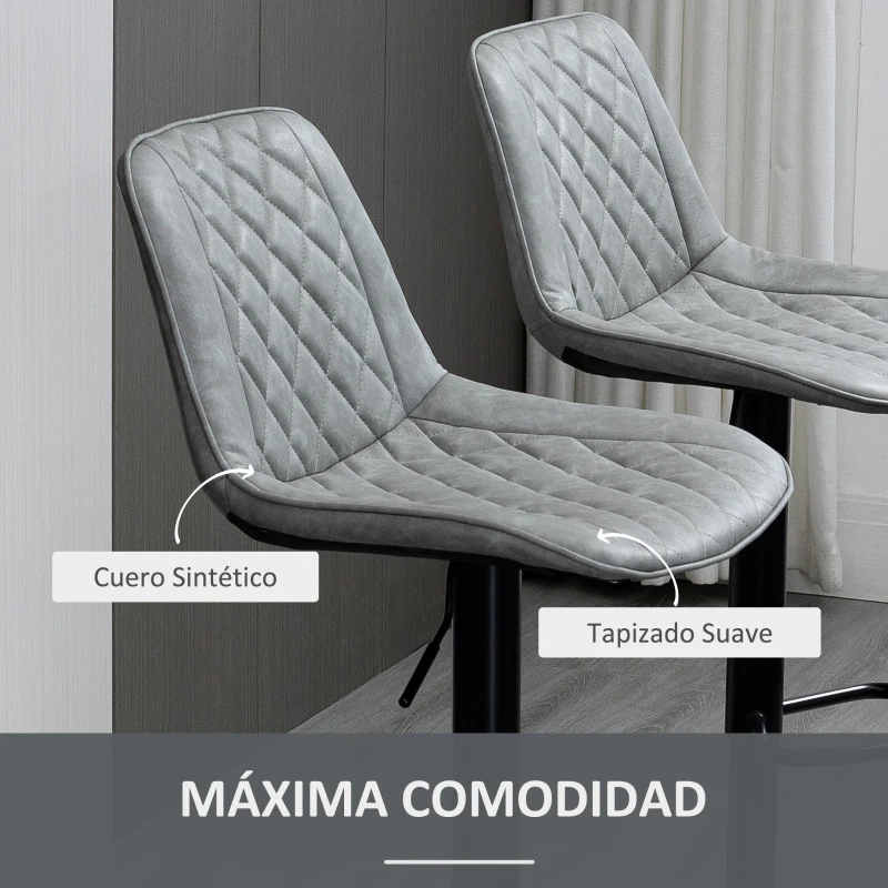HOMCOM Juego de 2 Taburetes de Bar Giratorios Altura Ajustable 86-106 cm Tapizada en Cuero Sintético Respaldo y Reposapiés Gris