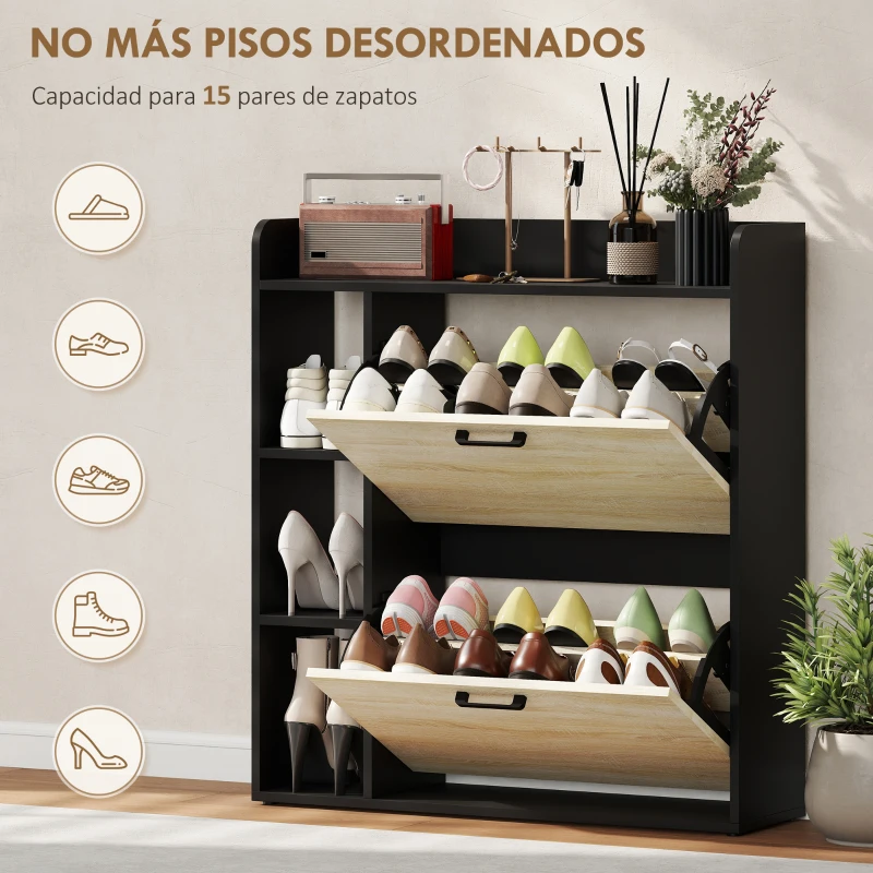 HOMCOM Zapatero Estrecho con 2 Puertas 3 Estantes Laterales y Estantes Ajustables para 15 Pares de Zapatos Natural y Negro