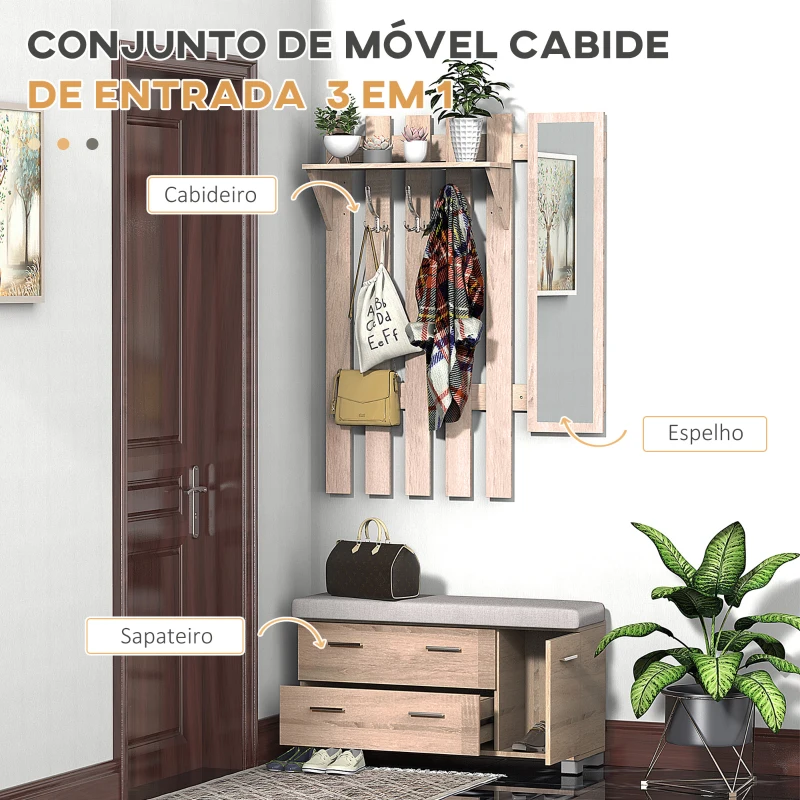 HOMCOM Móvel Cabide de Entrada com Espelho Ganchos e Sapateira Móvel de Entrada com 3 Ganchos Prateleira e 2 Gavetas para Corredor Carvalho