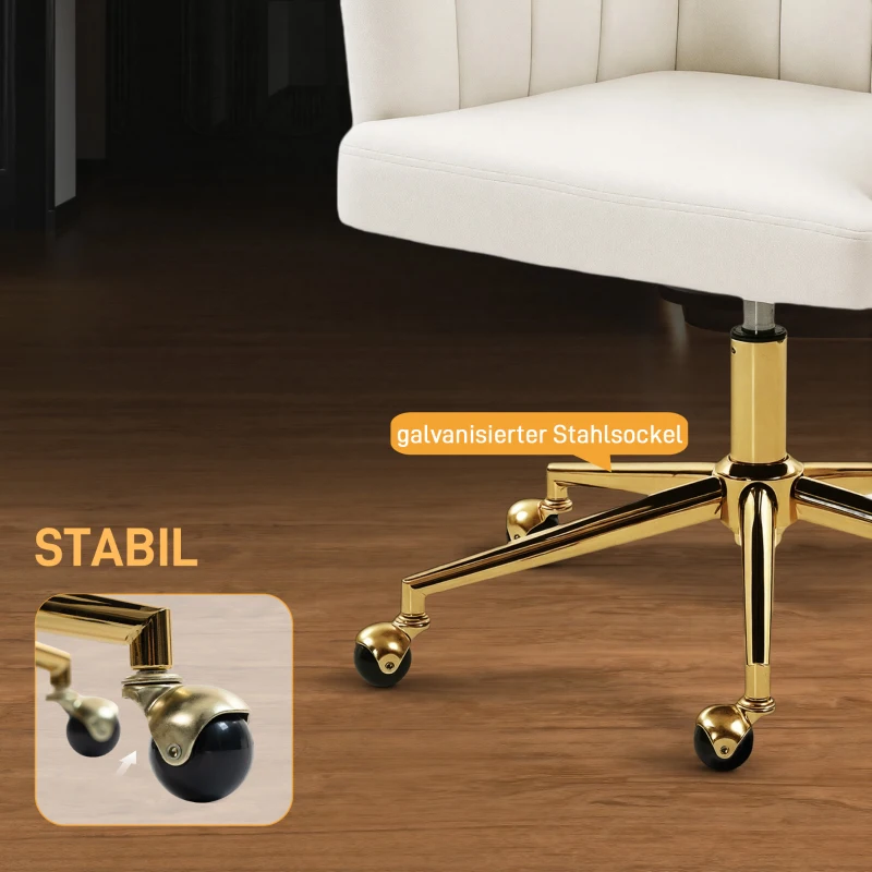 HOMCOM Bureaustoel met velvet-look, schuimvulling, in hoogte verstelbaar, met wielen, stalen basis, crèmewit