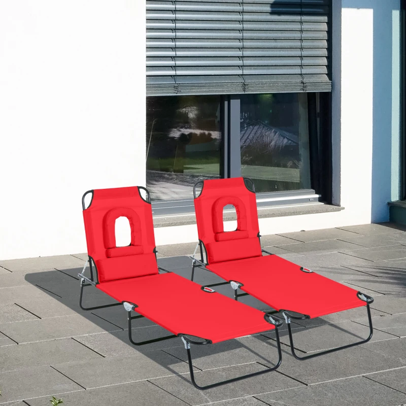 Outsunny Lot de 2 Bains de Soleil Pliable transat inclinable 4 Positions Chaise Longue de Lecture 3 Coussins fournis Rouge