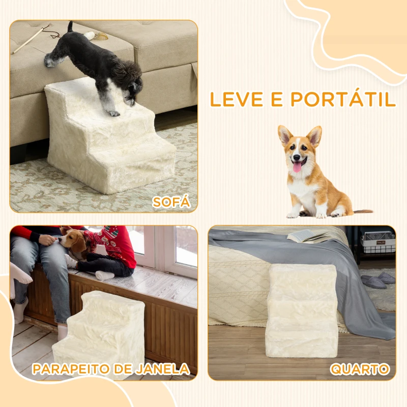 PawHut Escada para Cães de 3 Degraus com Capa Removível e Lavável Rampa para Cães para Cama Sofá 46x35x35 cm Bege
