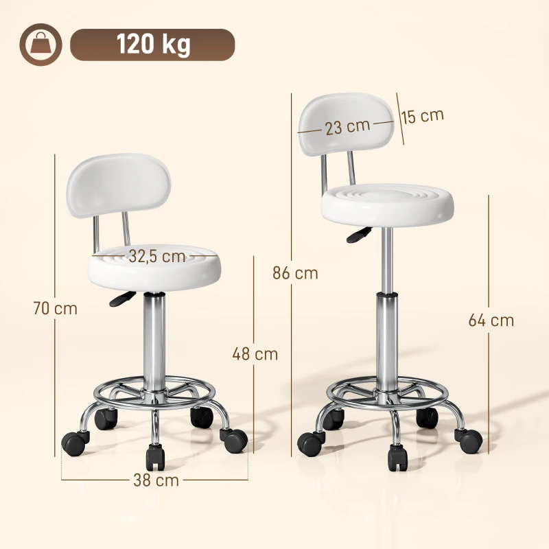 HOMCOM Taburete Giratorio con Respaldo y Ruedas Silla Ajustable para Salón de Belleza Estudio de Tatuajes 32x40x70-86cm Blanco