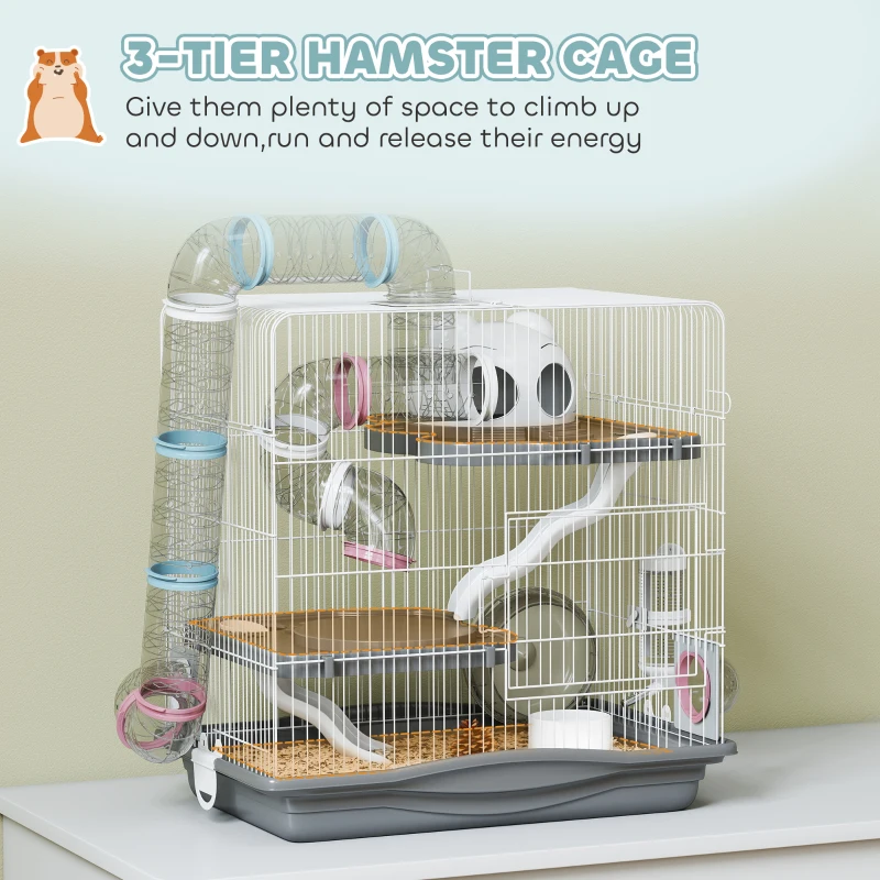 PawHut 3-Tier Hamster Cage with Exercise Wheels, Water Bottle, Food Dish, for Dwarf Hamsters, 45 x 30 x 45 cm, Grey