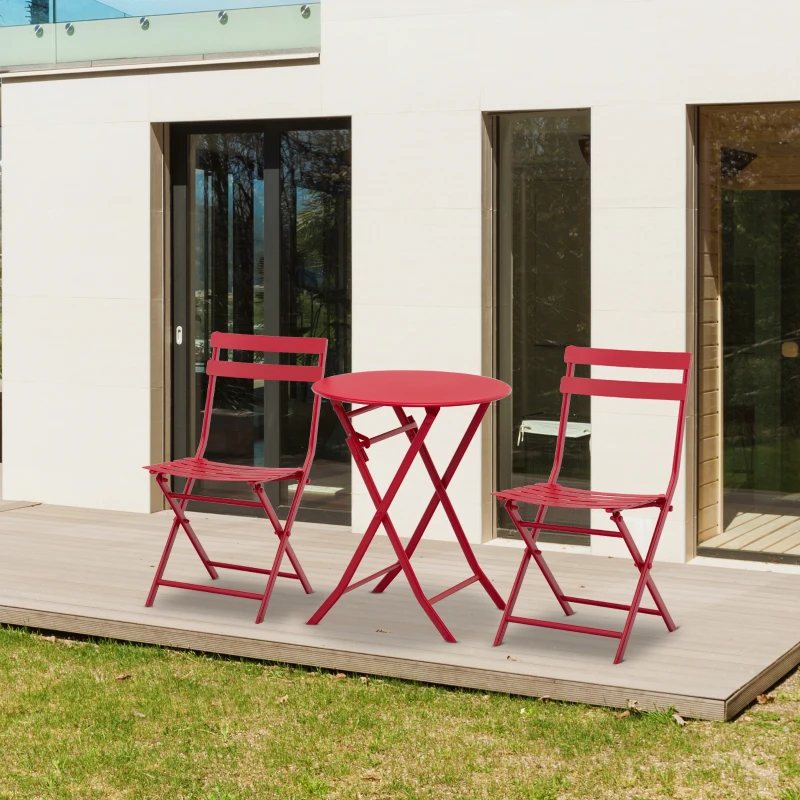 Outsunny Salon de jardin bistro pliable - table ronde Ø 60 cm avec 2 chaises pliantes - métal thermolaqué rouge