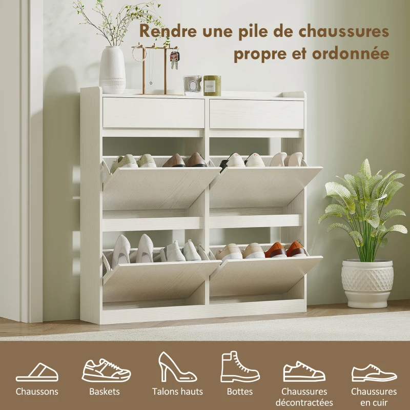 HOMCOM Meuble à chaussures 8 paires avec 2 tiroirs coulissants et 4 tiroirs rabattables, 98 x 19,2 x 95,3 cm, blanc