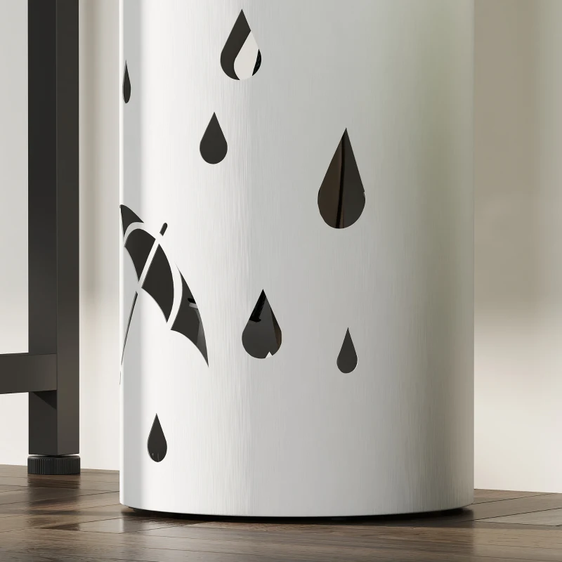 HOMCOM Porte parapluie cylindrique support pour parapluies bac d'égouttement amovible et 4 crochets, Ø 17 x 41 cm, blanc