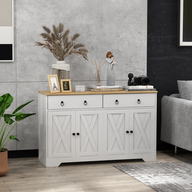 HOMCOM Buffet meuble de rangement armoire de cuisine style rural 2 tiroirs et 2 placards étagères à hauteurs réglables blanc