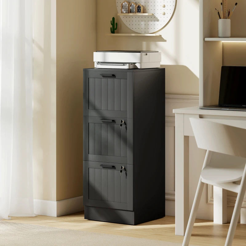 HOMCOM Caisson bureau, meuble rangement bois 3 tiroirs et serrure, barres de suspension réglables, 40 x 40 x 101 cm, noir