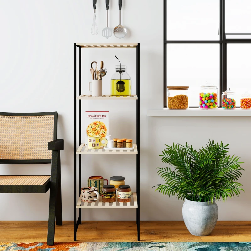 HOMCOM Estante de chão para banheiro em bambu e aço, com 4 prateleiras, estante de 4 andares, 36,5 x 33 x 110 cm, Madeira natural