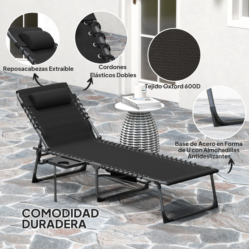 Outsunny Tumbona Plegable con Respaldo Ajustable Reposacabezas Bolsillo Lateral Bandeja y Estructura de Acero 190x60x31 cm Negro