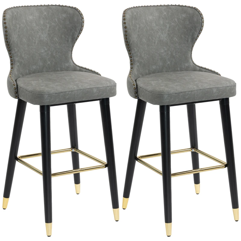 HOMCOM Bar Stools Set of 2, PU Leather Barstools with Back, Footrest and Wood Legs for Kitchen, Counter, Breakfast Bar, Grey