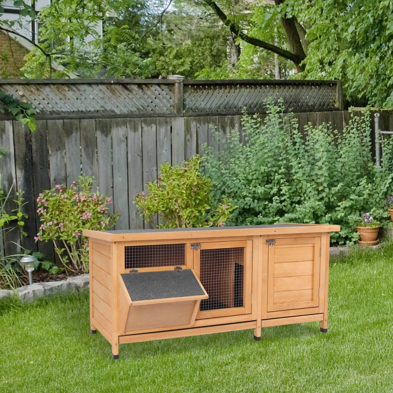 PawHut Clapier sur pied cage à lapin avec toit bitumé ouvrant 2 portes verrouillables 2 tiroirs à déjection coulissants mangeoire bois de sapin traité dim. 112L x 50l x 54H cm bois naturel et noir