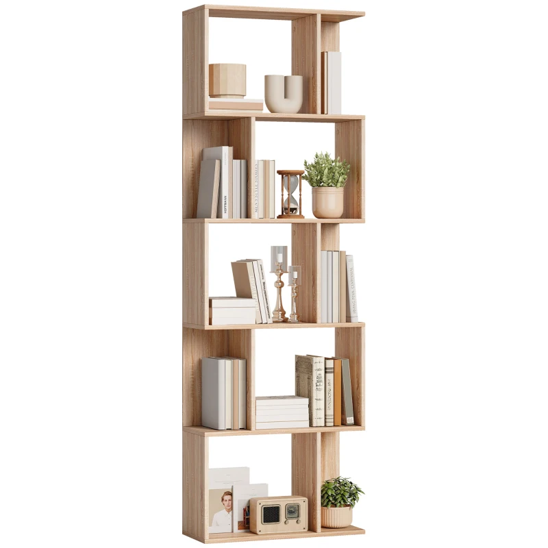 HOMCOM Bibliothèque à 5 niveaux, meuble de rangement en forme de S avec étagères, 60 x 24 x 184,5 cm, effet bois naturel