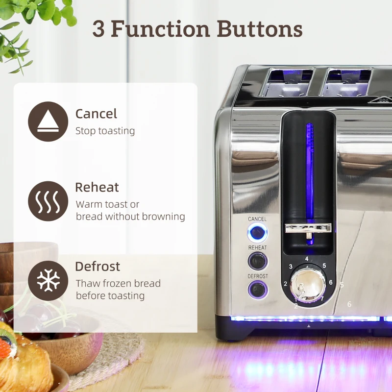 HOMCOM Kettle and Toaster Set, 1.7L 3000W Rapid Boil Jug Kettle with Otter Thermostat, Limescale Filter, 4 Slice Toaster with 7 Browning Controls, Crumb Tray, LED Strip, Silver Tone