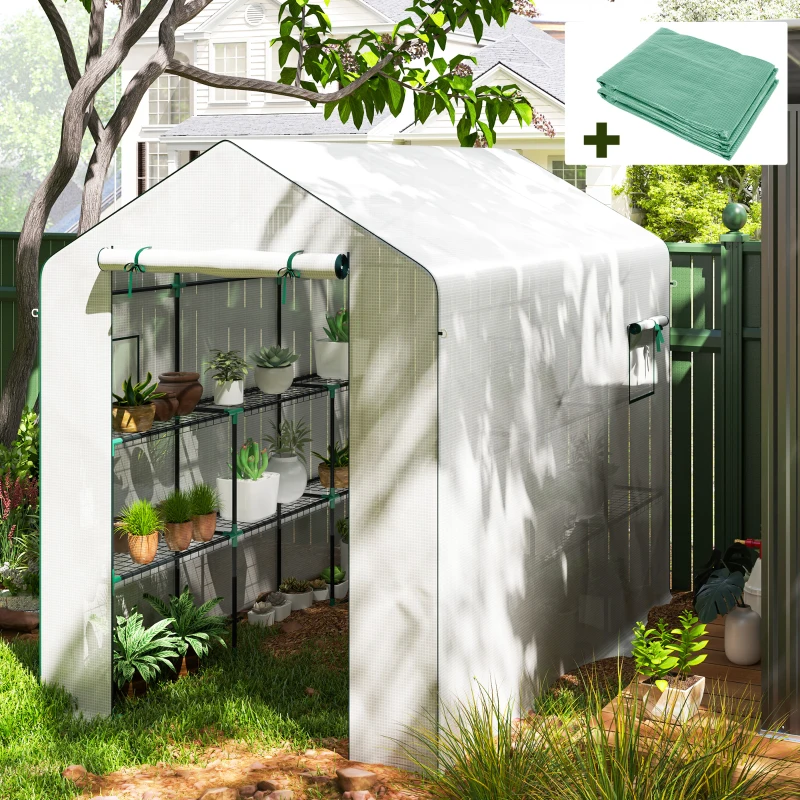 Outsunny Serre de jardin PE avec étagères 3 niveaux serre d'extérieur avec bâche de remplacement vert 143 x 215 x 190 cm blanc