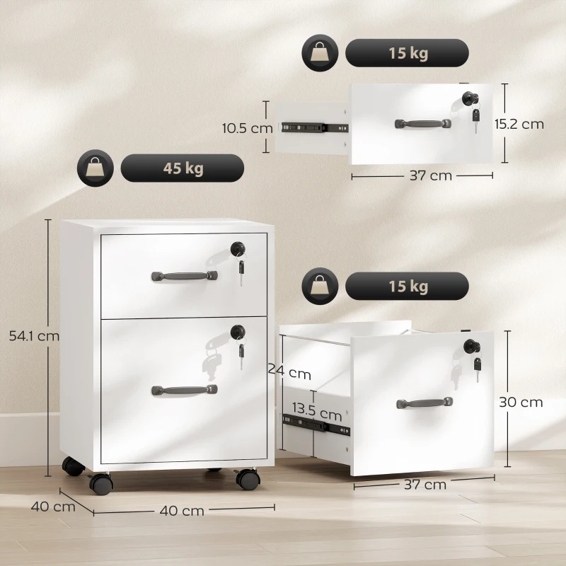 HOMCOM Rolling File Cabinet with 2 Drawers, Mobile Filing Cabinet with Hanging File Folder for Letter Sized Documents, White