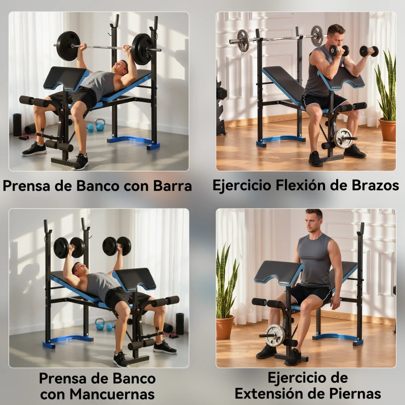 HOMCOM Banco de Musculación Banco de Pesas con Soporte para Barra y Respaldo Ajustable para Entrenamiento en Casa Gimnasio Azul