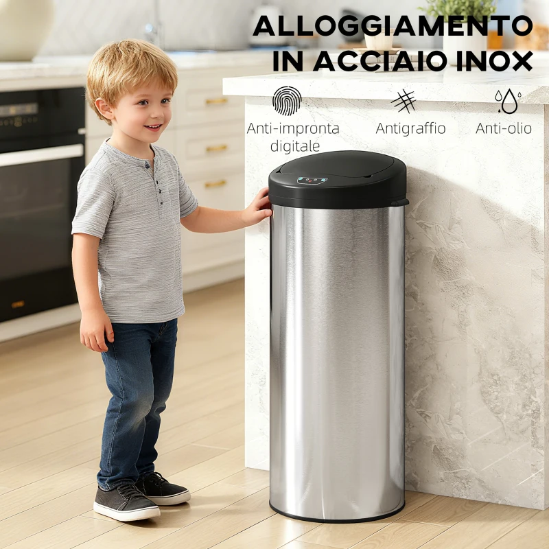 HOMCOM Bidone per Rifiuti da 55L con Sensore per Apertura Automatica e Chiusura Ammortizzata, 32x30x72.5 cm, Argento