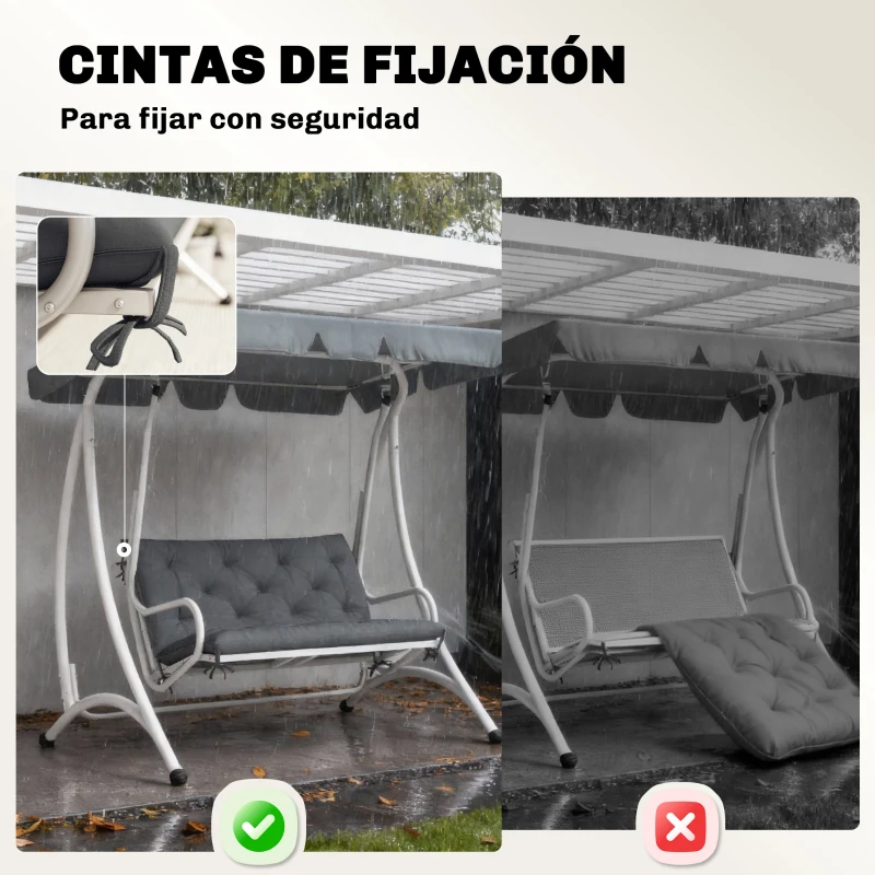 Outsunny Cojín para Banco con Respaldo 100x98x8 cm Colchón de Banco de 2 Plazas con 6 Cordones de Fijación para Jardín Terraza Balcón Exterior Gris